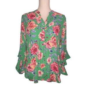 Pioneer WOMAN Sz M Women's Green Floral 3/4 Sleeve Ruffles High Low Hem Blouse